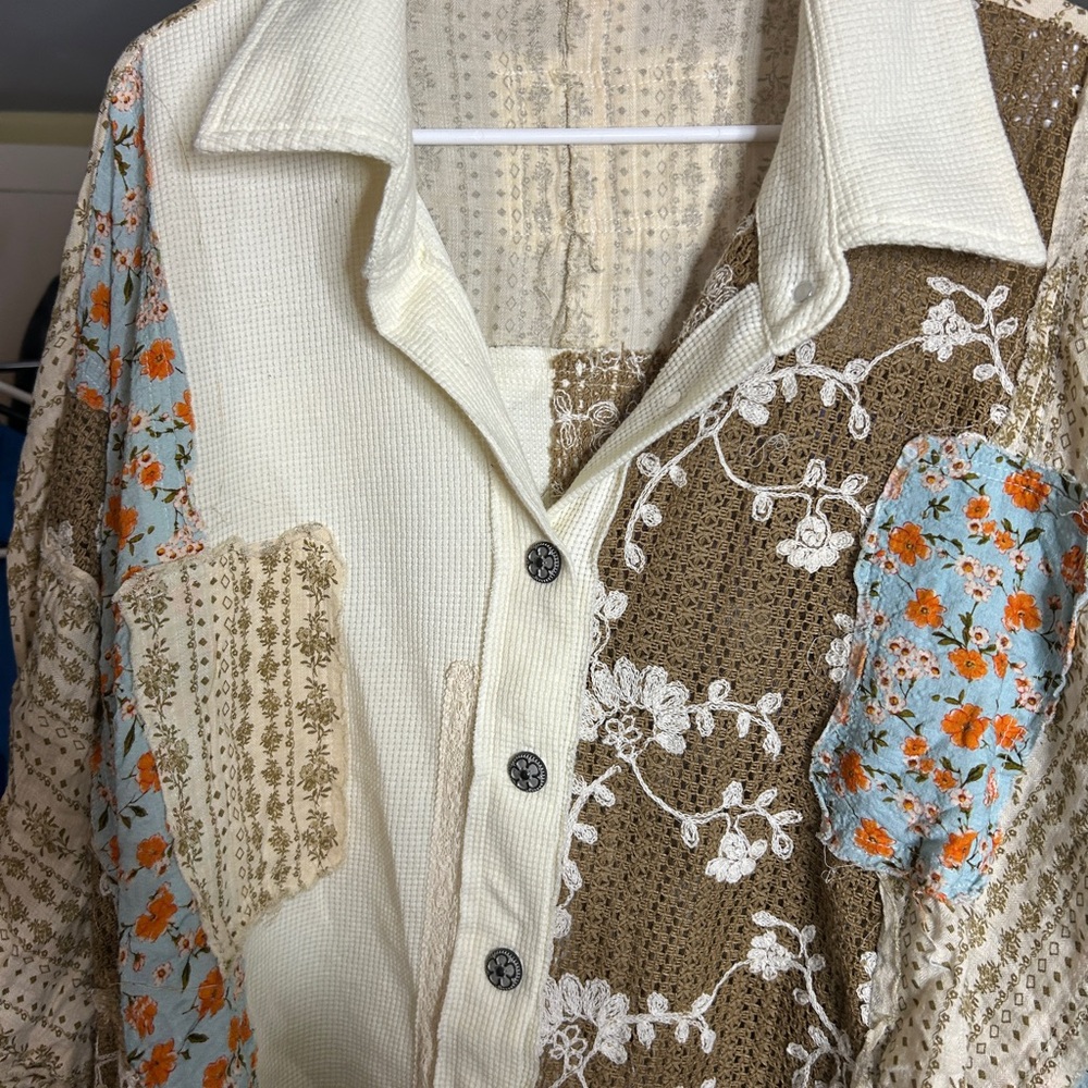 POL Floral Patchwork Button-Up Shirt Boho Oversized